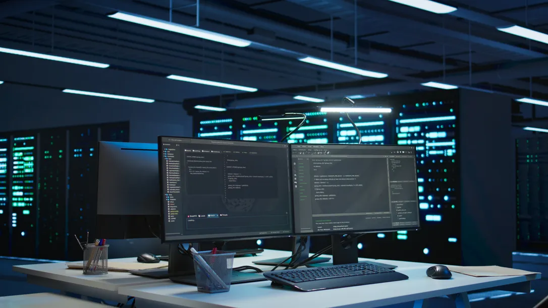 Poste de travail de développeur avec trois écrans affichant du code de programmation dans un environnement de bureau moderne