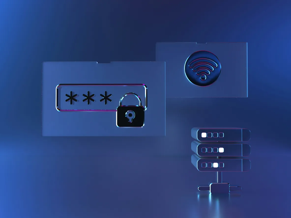 Illustration 3D de concepts de sécurité informatique : mot de passe avec cadenas, WiFi sécurisé et paramètres de configuration
